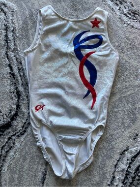 GK White Metallic Kids Leotard with Red & Blue Accents